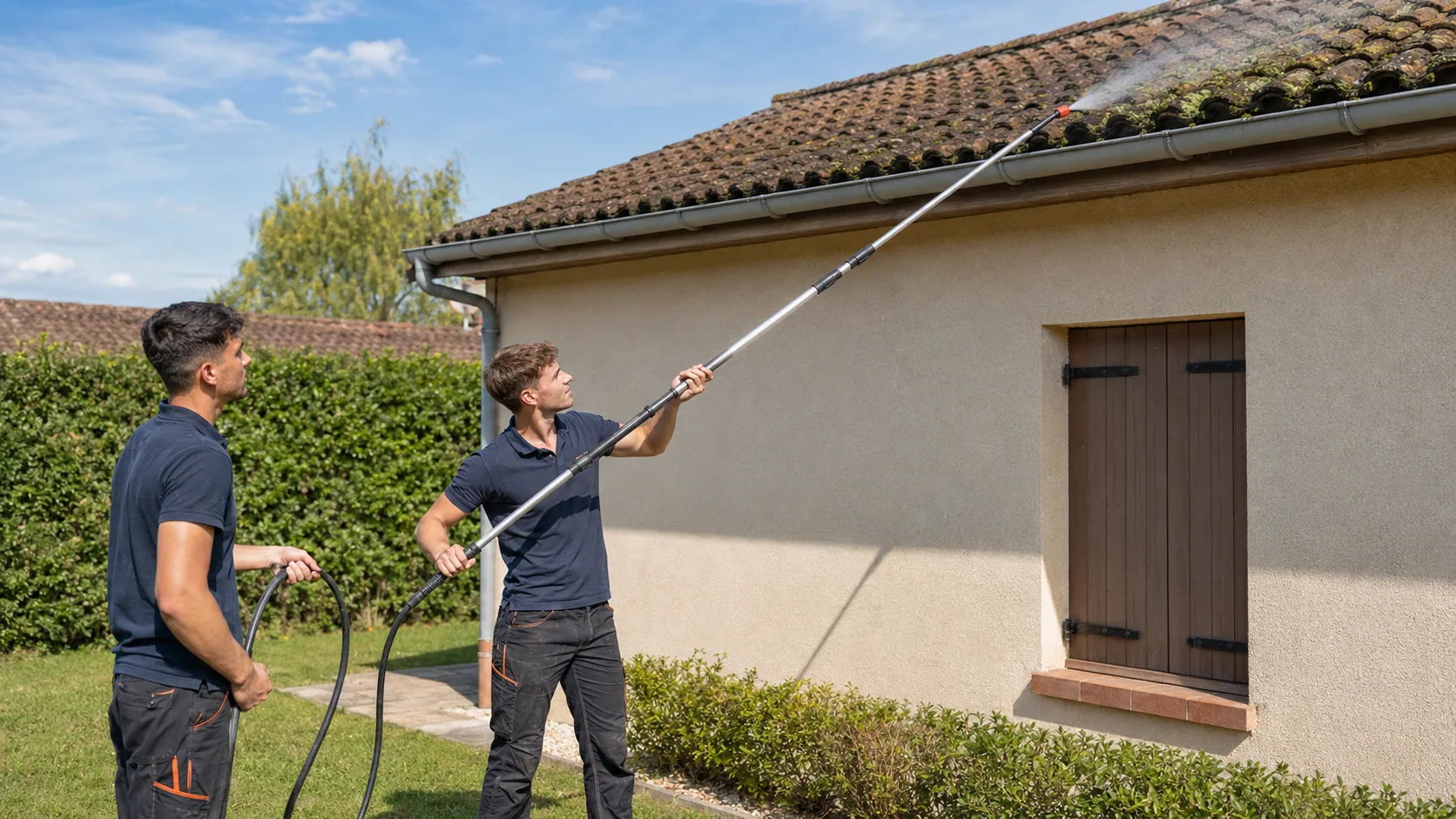 Nettoyage de toiture à la lance, depuis le sol