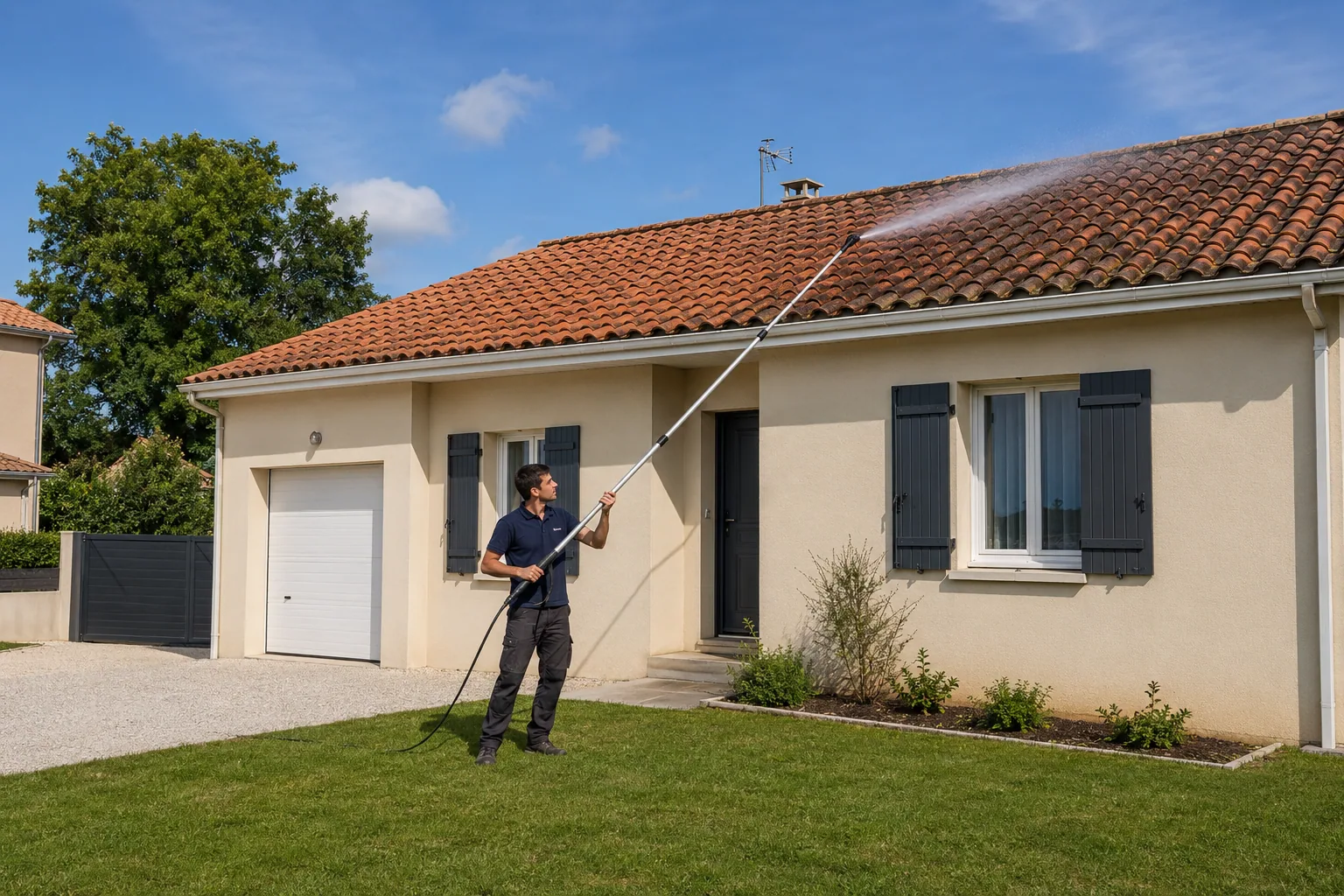 Maison à la toiture propre après un démoussage réalisé depuis le sol